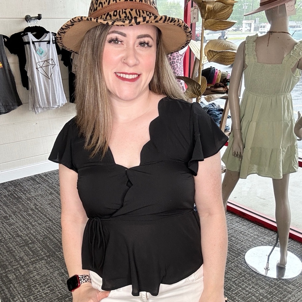 Black Scalloped Neck Top